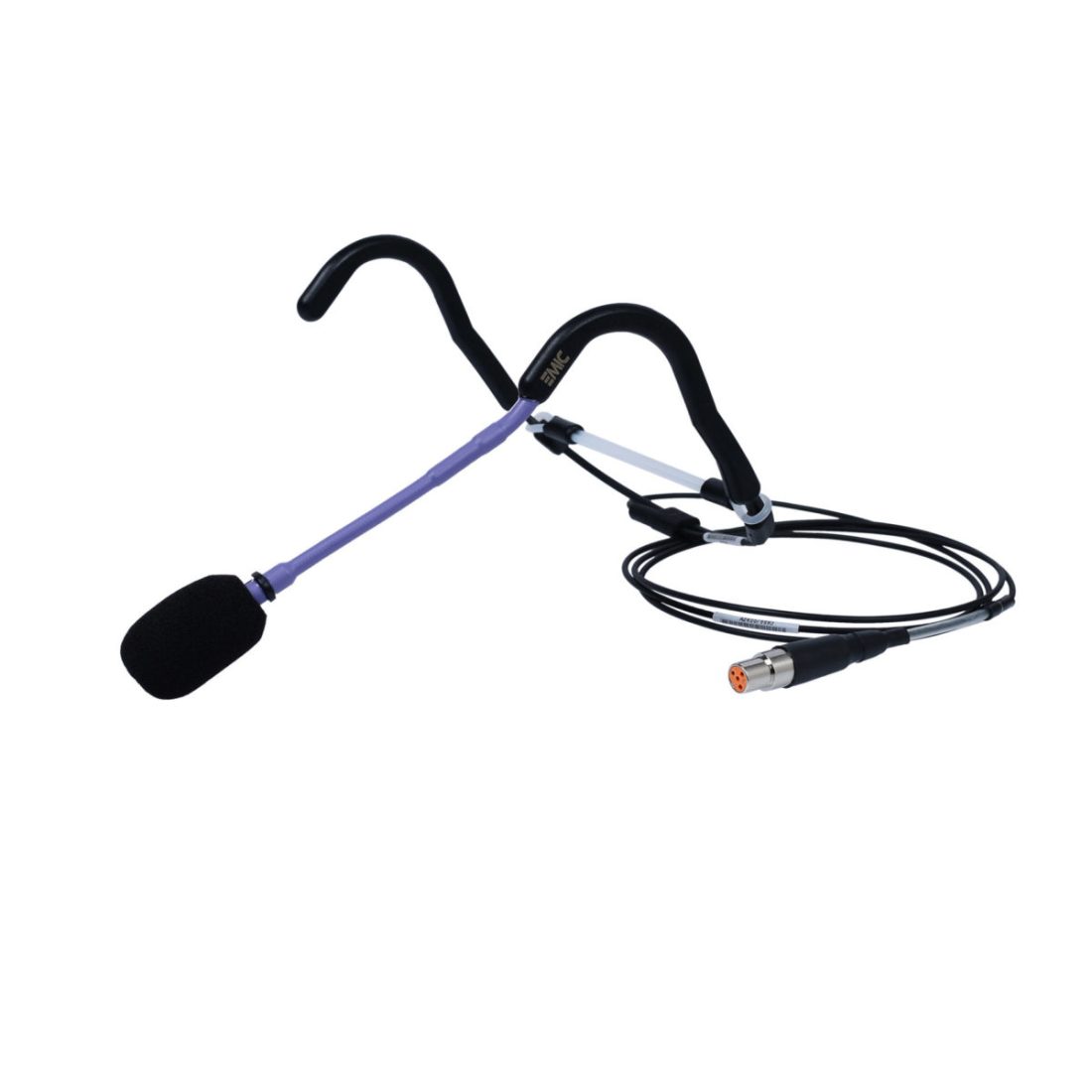 Black and purple over-ear fitness headset microphone with foam windscreen, flexible boom arm, and mini XLR connector cable