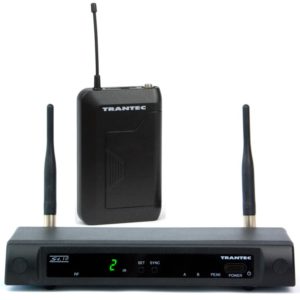 Trantec S4.10 wireless microphone system showing dual-antenna receiver unit with matching bodypack transmitter displaying channel number 2