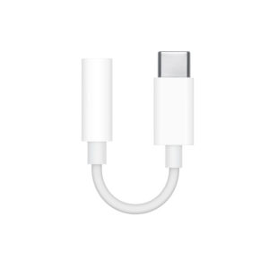 White USB-C to 3.5mm headphone jack adapter with curved flexible connector shown at an angle against a white background