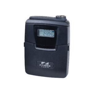Fitness Audio wireless bodypack transmitter with LCD frequency display showing channel and frequency settings, in black casing